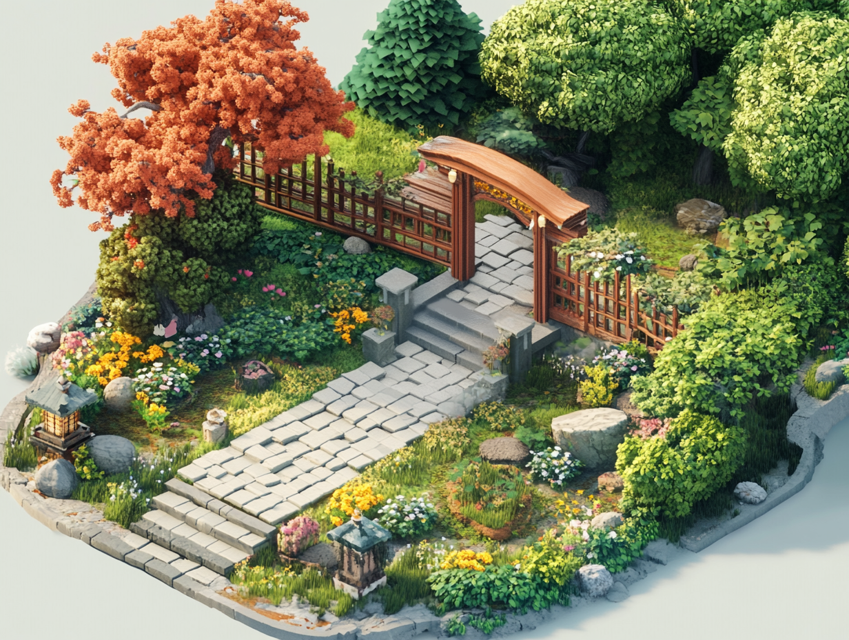 un jardín como de un videojuego visto en asométrico